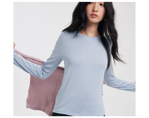 Women's Light Blue Long Sleeve Crew Neck Top Slim Fit Basic T-Shirt