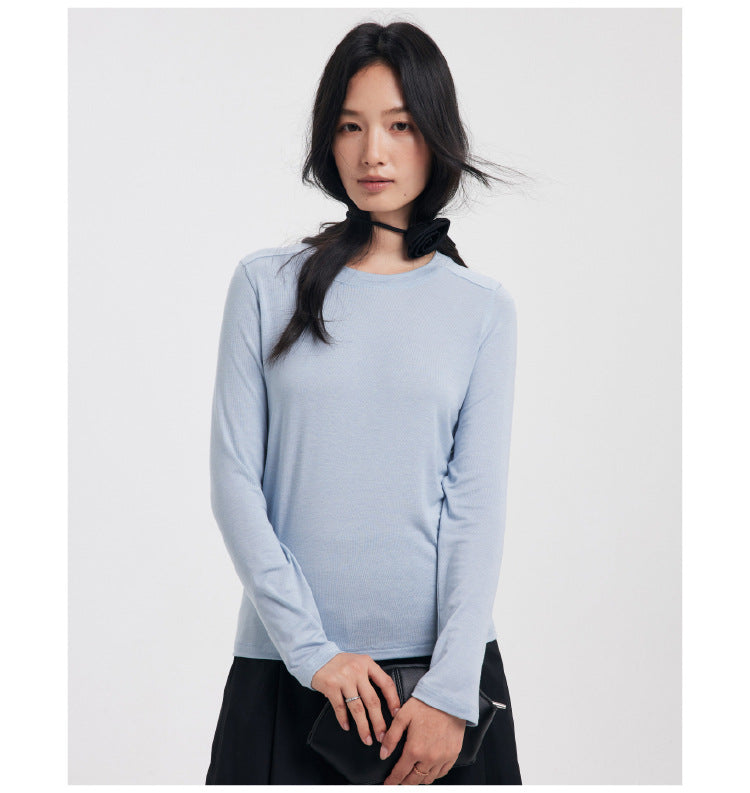 Women's Light Blue Long Sleeve Crew Neck Top Slim Fit Basic T-Shirt