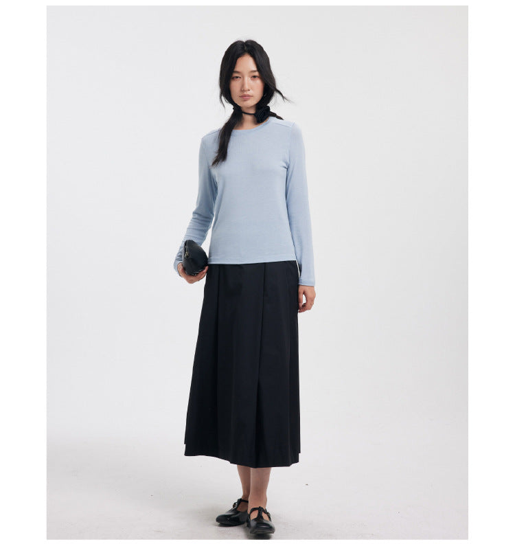 Women's Light Blue Long Sleeve Crew Neck Top Slim Fit Basic T-Shirt