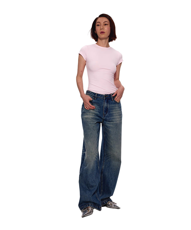Women's Form-Fitting Pink Short Sleeve T-Shirt Slim Fit Crew Neck Basic Top