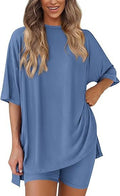 Women's Blue Oversized T-Shirt and Biker Shorts Set Casual 2-Piece Loungewear Outfit